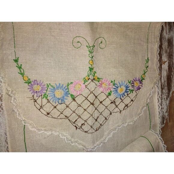 13.5X44" Vintage Embroidered Linen Table Runner Dresser Scarf Flower Basket - Picture 1 of 8